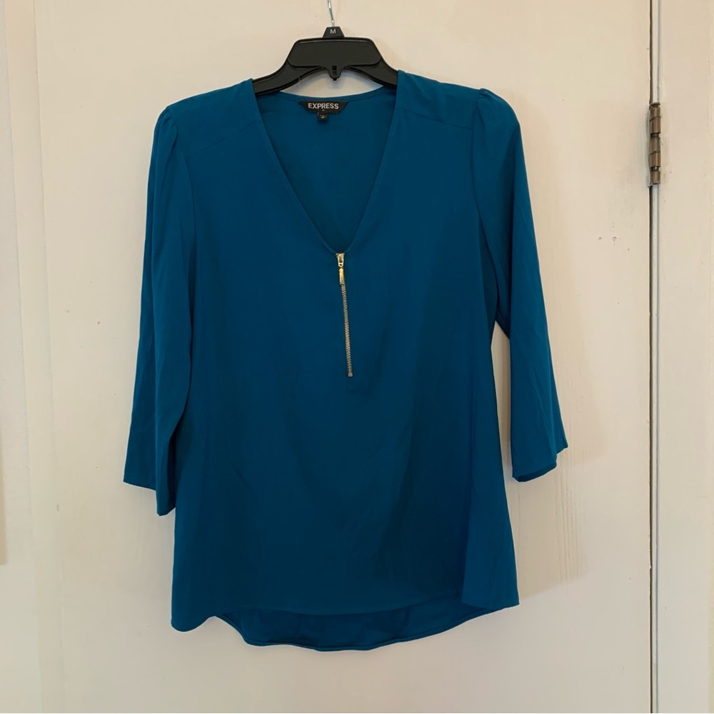 Express Women’s Teal 3/4 Sleeve Work Top - Gold Zipper, Size Small